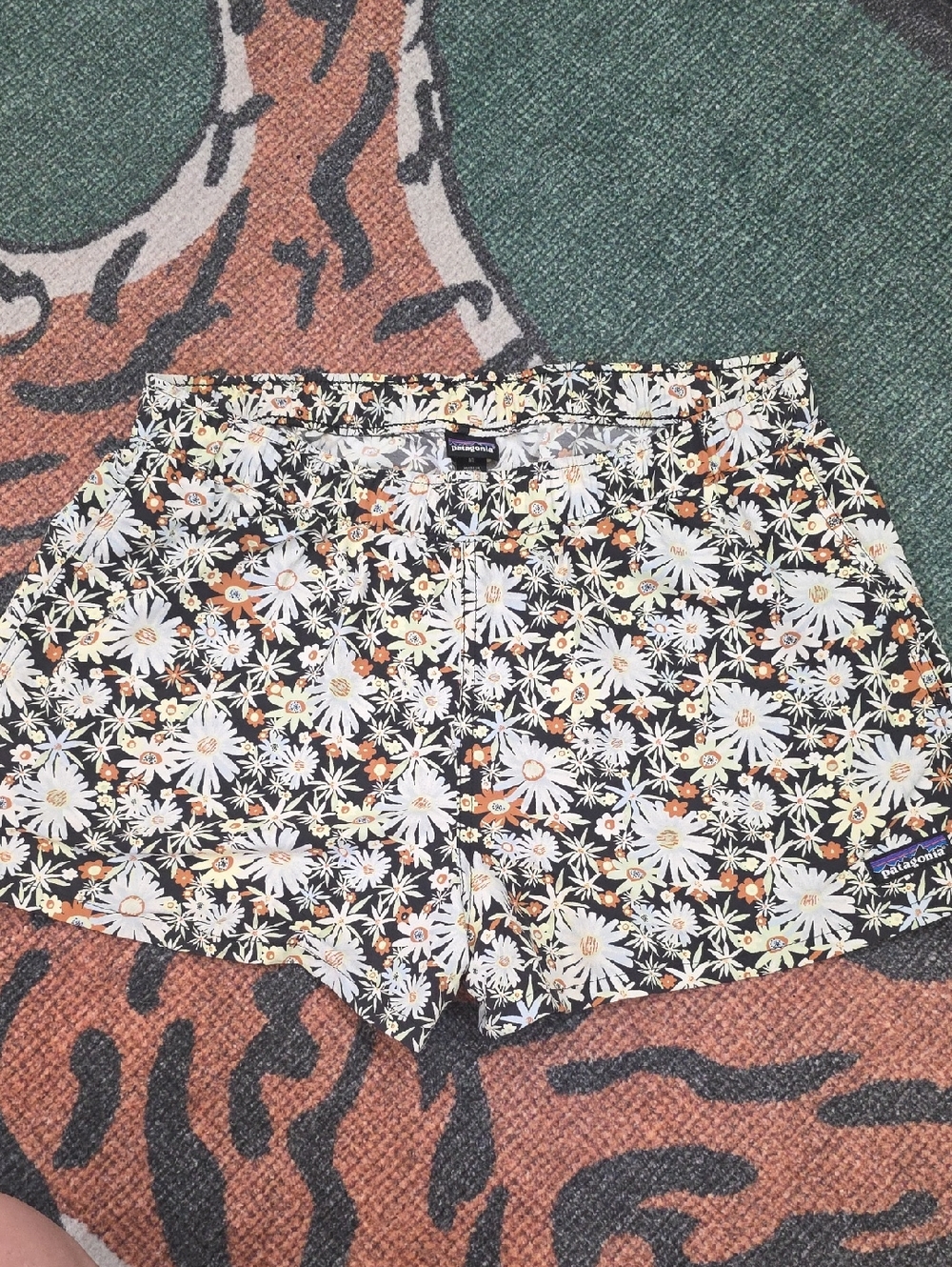 Patagonia Daisy Print Women’s Shorts in Black and White with Orange Accents